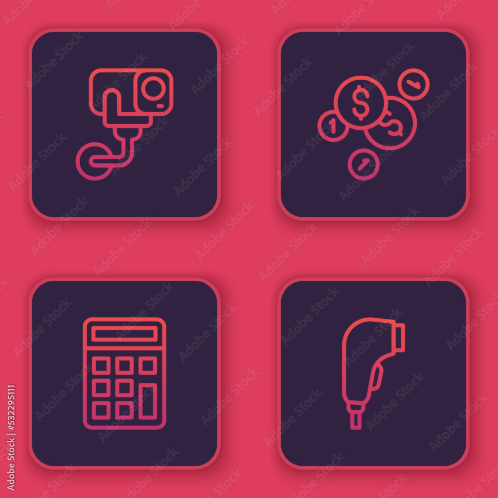 Set line Security camera, Calculator, Coin money with dollar and Scanner scanning bar code. Blue square button. Vector Set line Security camera, Calculator, Coin money with dollar and Scanner scanning bar code. Blue square button. Vector