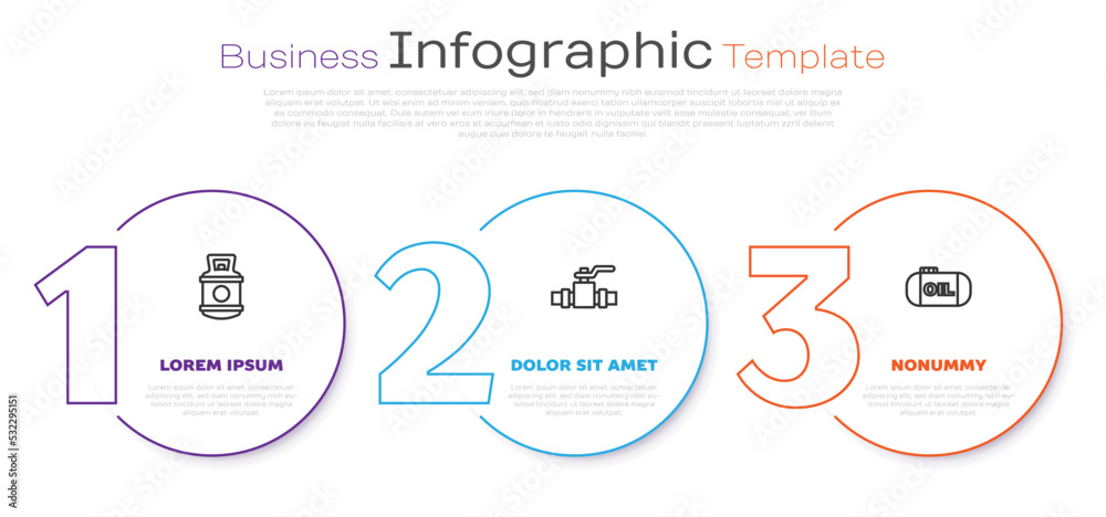 Set line Propane gas tank, Metallic pipes and valve and Oil storage. Business infographic template. Vector