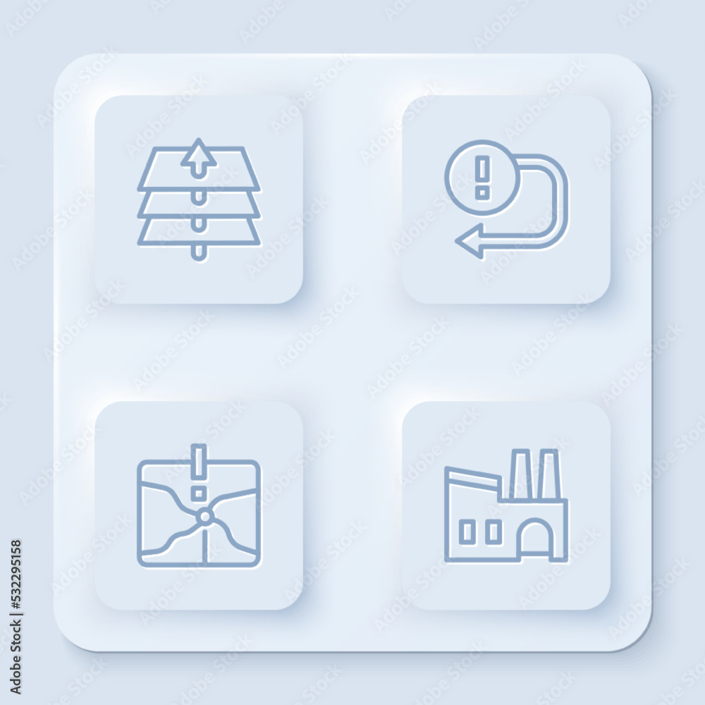 Set line Layers, Arrow, Intersection point and Factory. White square button. Vector Set line Layers, Arrow, Intersection point and Factory. White square button. Vector