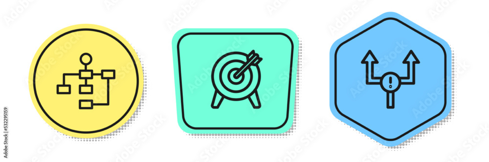 Set line Hierarchy organogram chart, Target and Arrow. Colored shapes. Vector