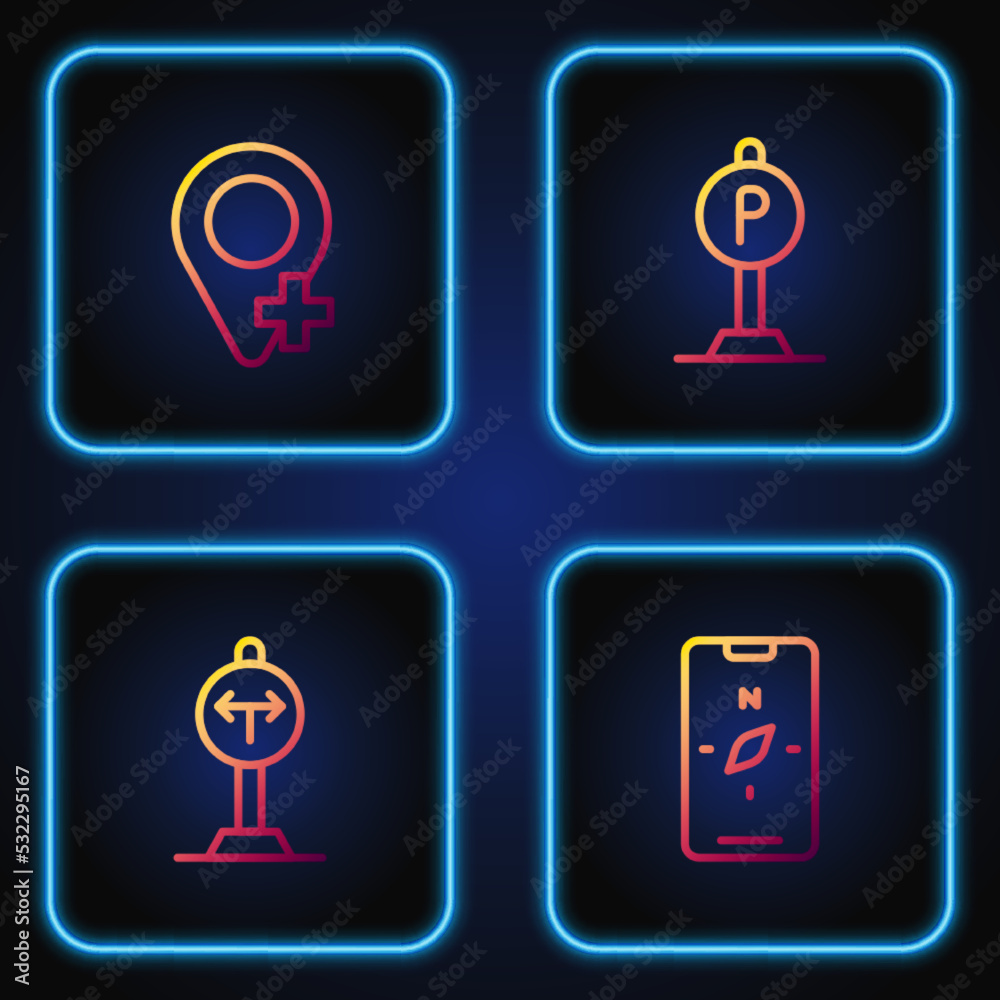 Set line Compass on mobile, Fork in the road, Location and Parking. Gradient color icons. Vector Set line Compass on mobile, Fork in the road, Location and Parking. Gradient color icons. Vector