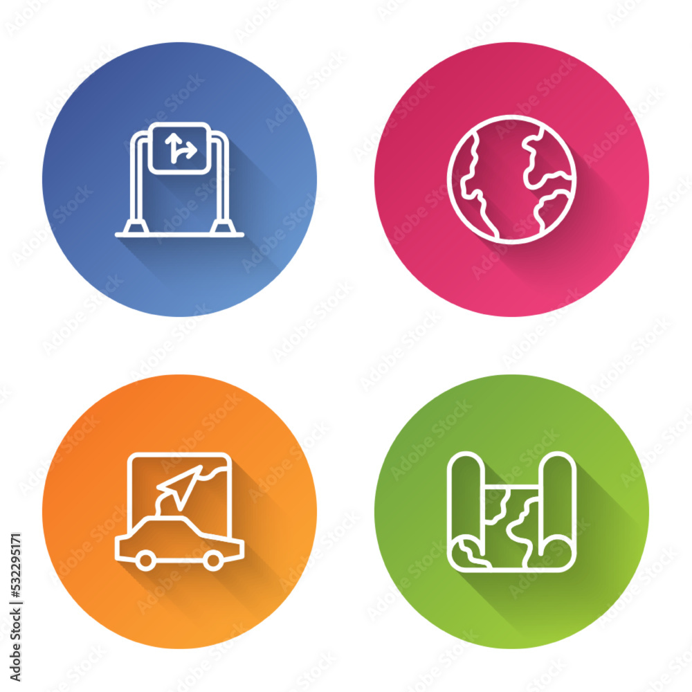 Set line Road traffic sign, Earth globe, City map navigation and Folded. Color circle button. Vector Set line Road traffic sign, Earth globe, City map navigation and Folded. Color circle button. Vector
