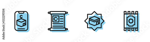 Set line Kaaba mosque, Star and crescent, Holy book of Koran and Traditional carpet icon. Vector
