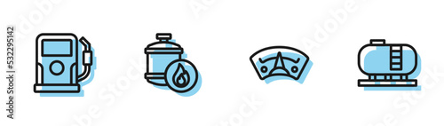 Set line Motor gas gauge, Petrol station, Propane tank and Oil storage icon. Vector