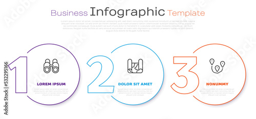 Set line Binoculars, Folded map and Route location. Business infographic template. Vector