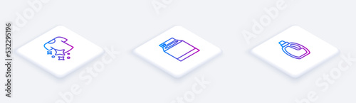 Set Isometric line Drying clothes, Washer and Bottle for cleaning agent. White square button. Vector