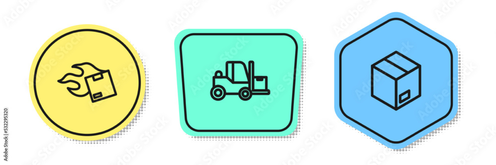 Set line Carton cardboard box, Forklift truck and . Colored shapes. Vector Set line Carton cardboard box, Forklift truck and . Colored shapes. Vector