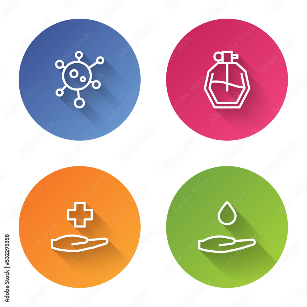 Set line Virus, Perfume, Cross hospital medical and Washing hands with soap. Color circle button. Vector Set line Virus, Perfume, Cross hospital medical and Washing hands with soap. Color circle button. Vector