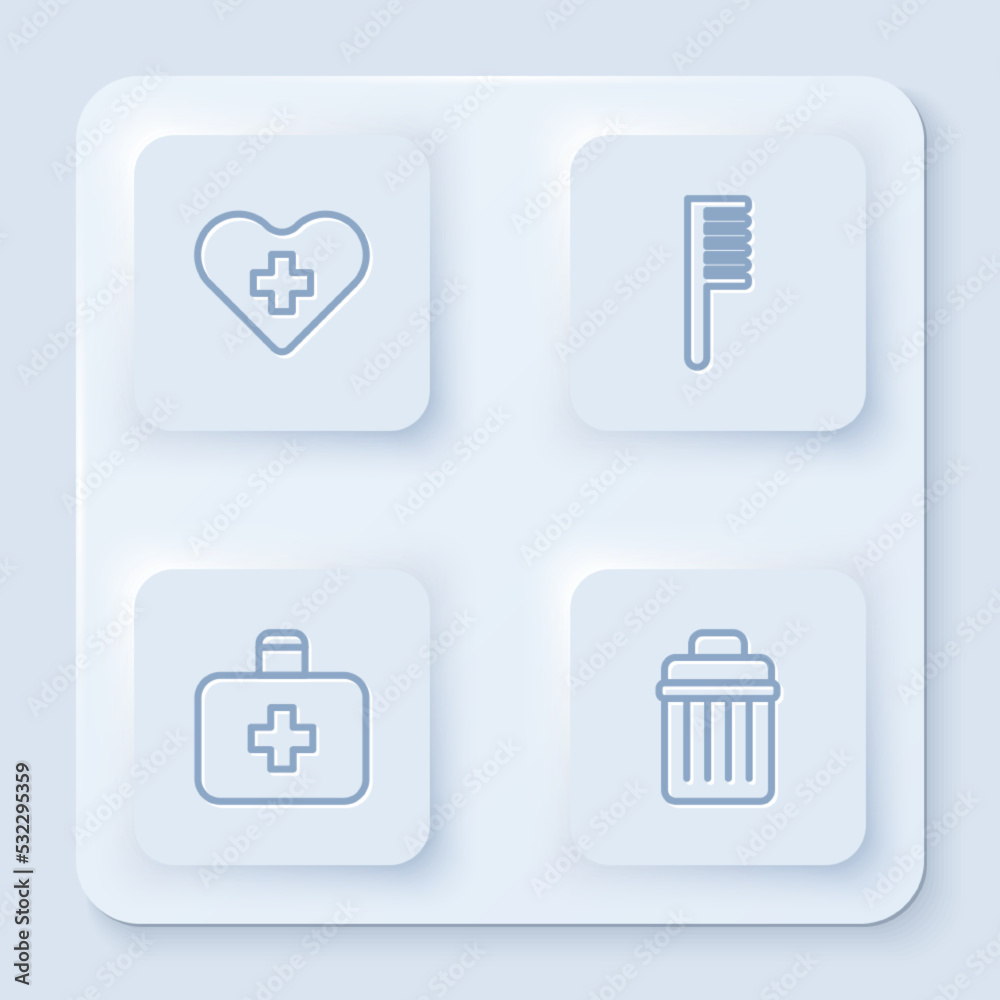 Set line Heart with a cross, Hairbrush, First aid kit and Trash can. White square button. Vector Set line Heart with a cross, Hairbrush, First aid kit and Trash can. White square button. Vector