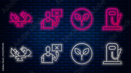 Set line Nature saving protest, Bio fuel, Wrecked oil tanker ship and Petrol or gas station. Glowing neon icon on brick wall. Vector