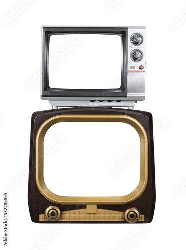 Two vintage televisions with cut out screens isolated.