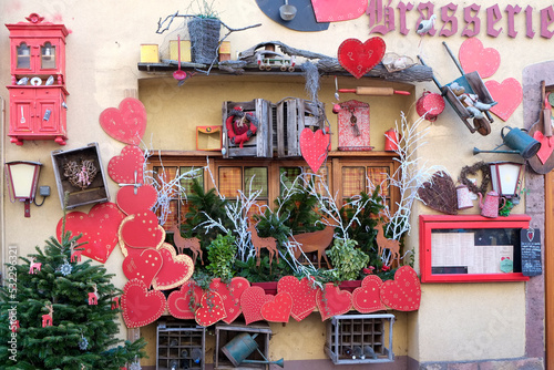 Colmar, France. Rustic holiday decor for Christmas at a local brasserie.