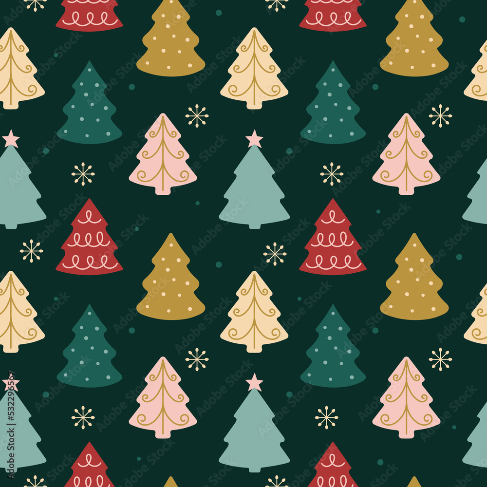 Christmas seamless pattern with colorful Christmas trees. Hand drawn background