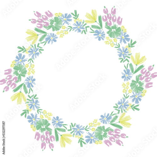 a frame of flowers drawn with colored pencils. round wreath. nice hand made design