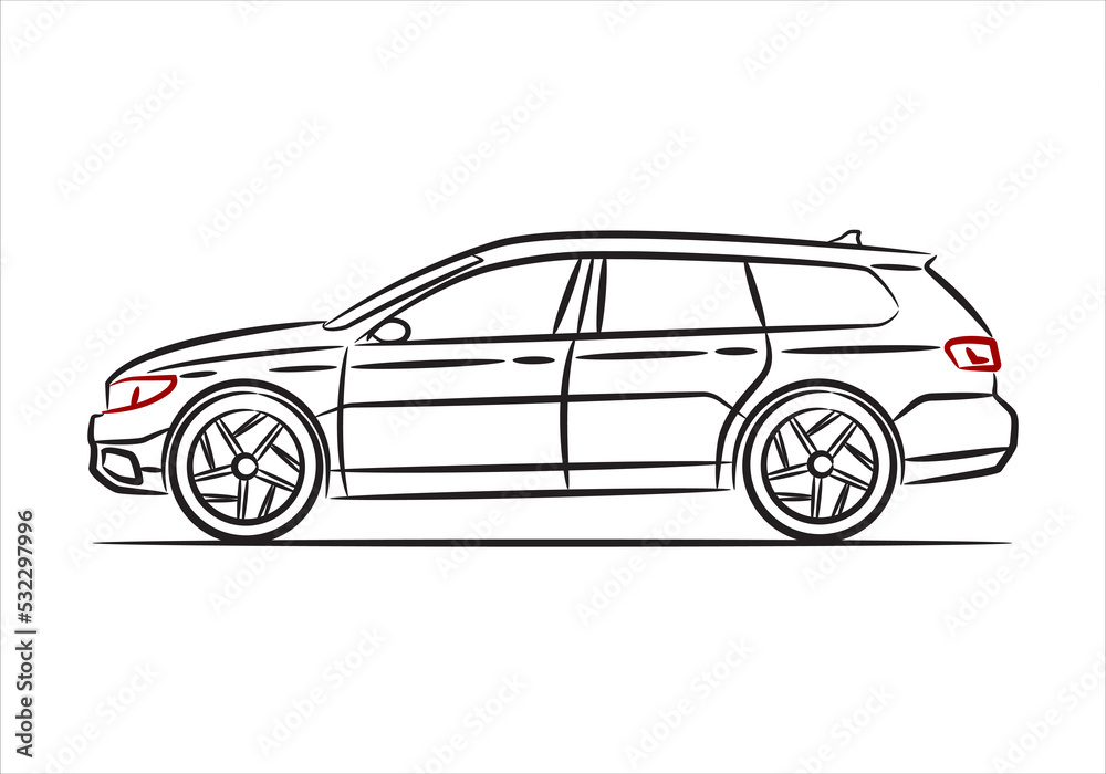 Modern classic station wagon car hatchback, abstract silhouette on white background. Vehicle icons view from side.