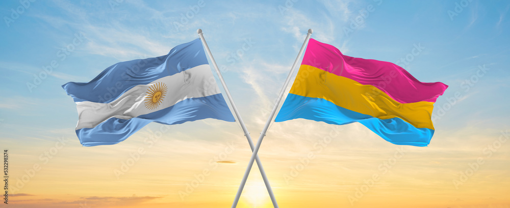 crossed national flags of Argentine and Pansexuality Pride flag waving ...