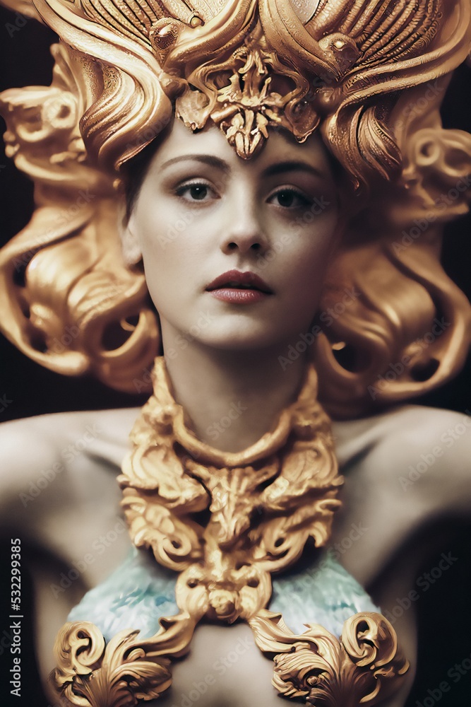Portrait of a beautiful Queen mermaid with golden coral crown. Beauty shoot, beautifully detailed decorated bra. Illustration 3d