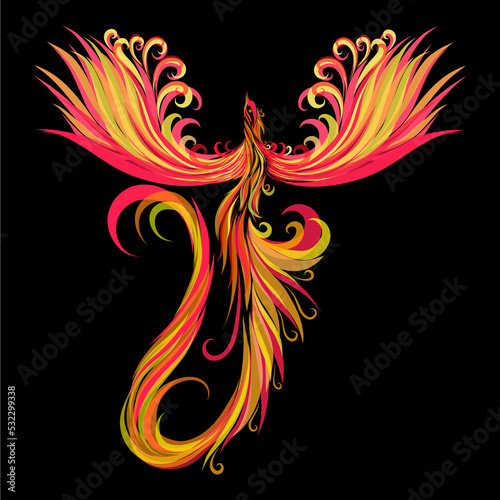 Phoenix with fire wings flying with floral feathers flaming and glowing sparkle Christian rebirth symbol emblem fantasy mythical bird pink yellow color