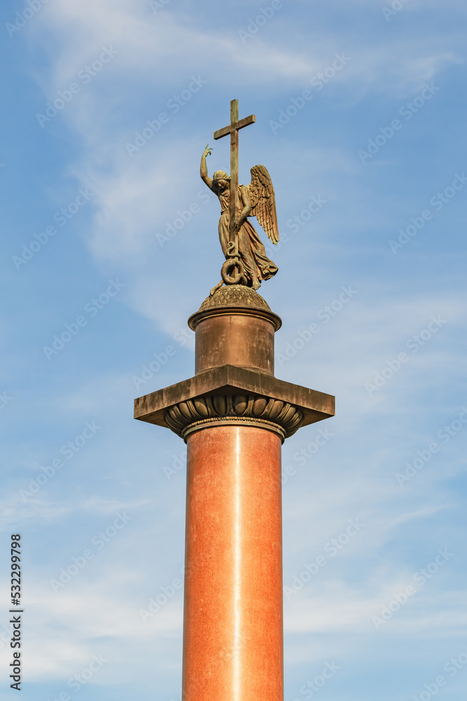 Sculpture of an Angel on the Alexander Column in St. Petersburg on background of blue sky with cloud