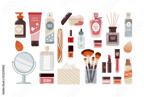 Makeup cosmetics in flat style top view on white background.Vector illustration