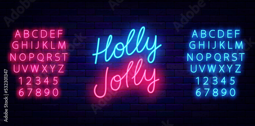 Holly Jolly neon lettering. Shiny pink and blue alphabet. Christmas emblem. Light calligraphy. Vector stock illustration