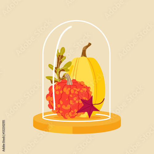 Pumpkin and leaf in glass cloche jar. Autumn vegetables hygge mood. Cozy fall thanksgiving Halloween decoration objects isolated on beige background. Home decor