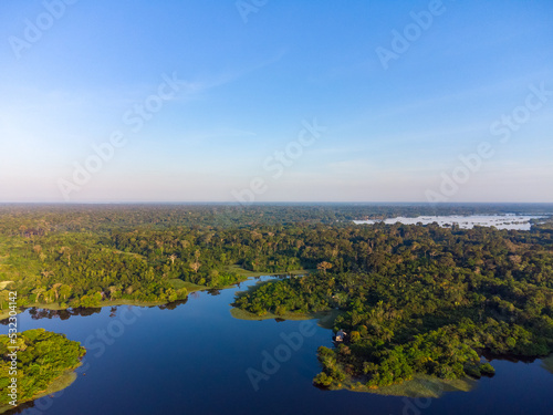 Aerial view of Igapó, the Amazon rainforest in Brazil, an incredible green landscape with lots of water and untouched nature at sunset time © eugpng