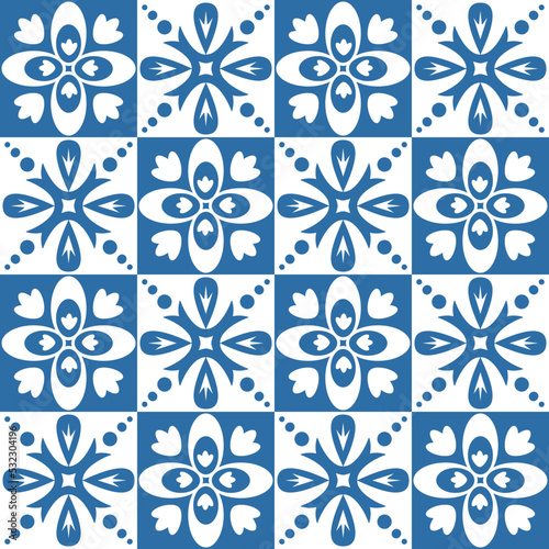 Blue indigo square pattern Azulejo tiles for interior retro vintage design vector Illustration