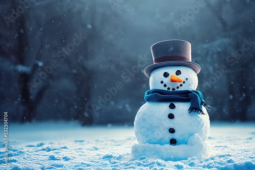 Obraz na plátně Smiling snowman in winter, wearing a hat and scarf, natural street lighting, for