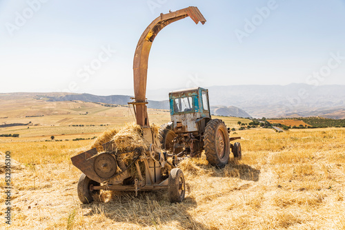 Shagmon, Khatlon Province, Tajikistan. Tractor in a field during harvest.