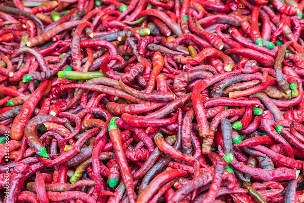 Dushanbe, Tajikistan. Chili peppers for sale at the Mehrgon Market in Dushanbe.