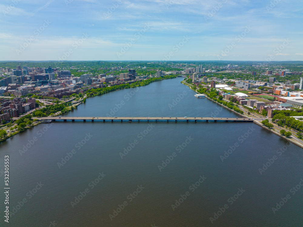 Boston Harvard Bridge on Charles River aerial view that connects city of Boston (left) and Cambridge (right), Massachusetts MA, USA.