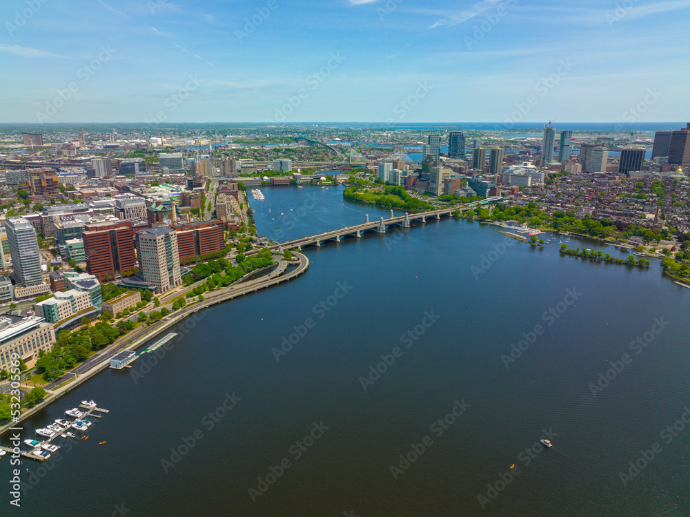 Boston Longfellow Bridge on Charles River aerial view that connects Cambridge (left) and Boston (right) financial district, Massachusetts MA, USA.