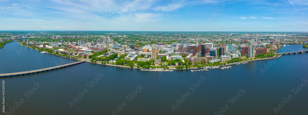Cambridge modern city skyline panorama including Massachusetts Institute of Technology MIT aerial view from Charles River, Cambridge, Massachusetts MA, USA. 