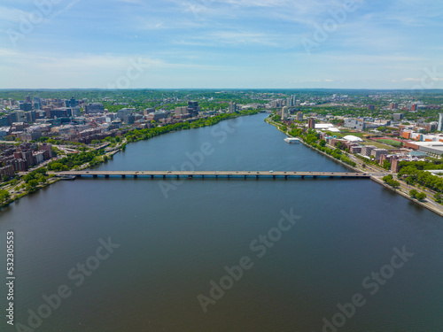 Boston Harvard Bridge on Charles River aerial view that connects city of Boston (left) and Cambridge (right), Massachusetts MA, USA. © Wangkun Jia