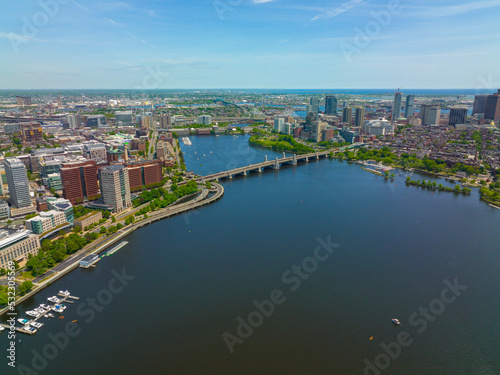 Boston Longfellow Bridge on Charles River aerial view that connects Cambridge (left) and Boston (right) financial district, Massachusetts MA, USA. © Wangkun Jia