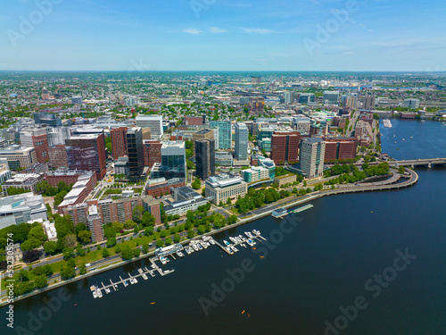 Cambridge modern city skyline including Sloan School of Management of Massachusetts Institute of Technology MIT aerial view from Charles River, Cambridge, Massachusetts MA, USA.  photo