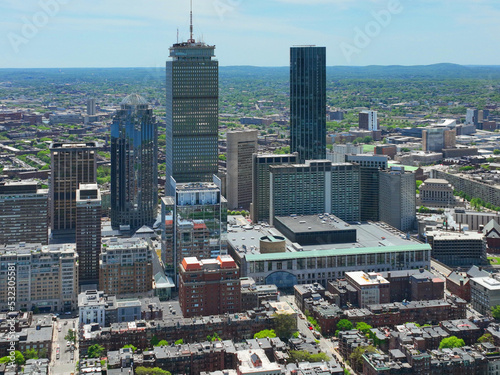 Boston Back Bay modern city skyline including Prudential Tower and Four Season Hotel at One Dalton Street in Boston, Massachusetts MA, USA.  