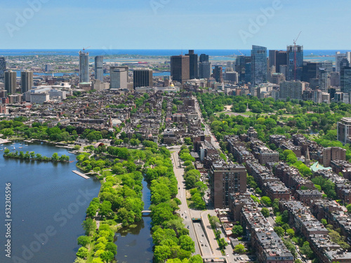 Принти на полотні Boston financial district modern city skyline aerial view with Charles River, Beacon Hill historic district and Charles River Esplanade in Boston, Massachusetts MA, USA