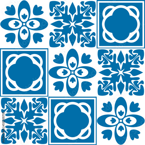 Seamless pattern Azulejo mosaic tile in blue color, traditional ornament for wall decoration and interior design