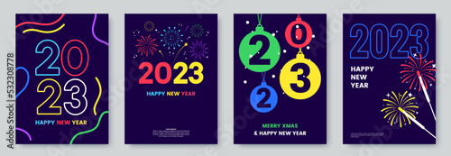 Happy New Year 2023 greeting card collection in neon colours. Posters template with minimalistic graphics and typography. Creative concept for banner, flyer, cover, social media. Vector illustration.