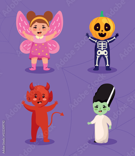 Fototapeta Naklejka Na Ścianę i Meble -  four kids with halloween customes