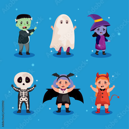 six kids with halloween customes