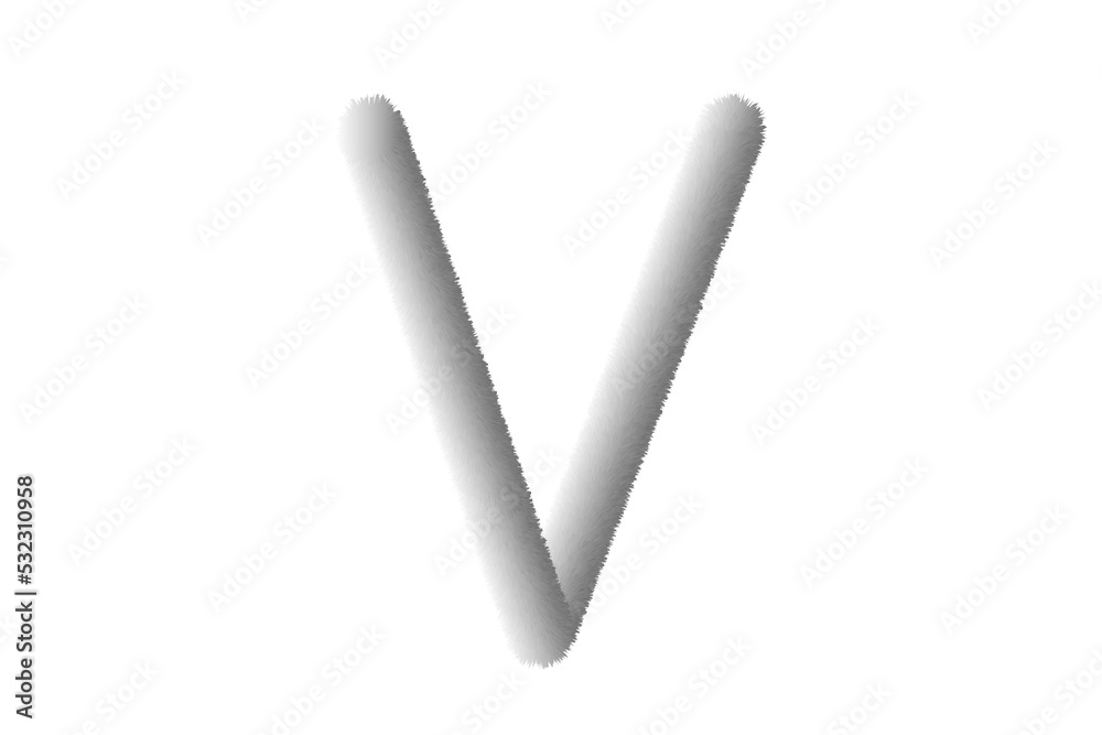 Feathered letter V. Easy editable letters. Soft and realistic feathers. White, fluffy, hairy letter V, isolated on a white background.