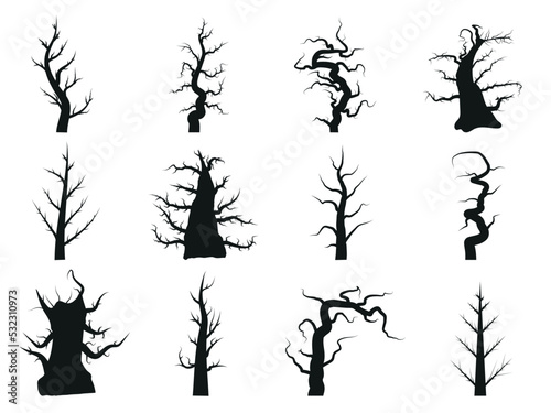 Set of 12 silhouettes of dry trees of various shapes