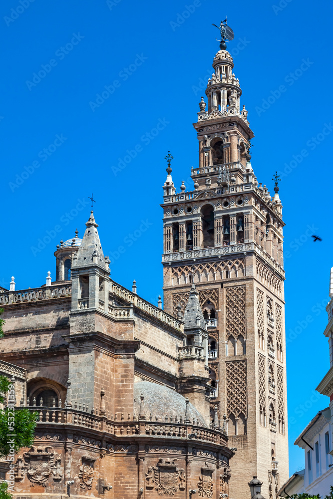 Giralda Minaret, Cathedral of Saint Mary of the See, Seville, Andalusia, Spain. Built in the 1500's.
