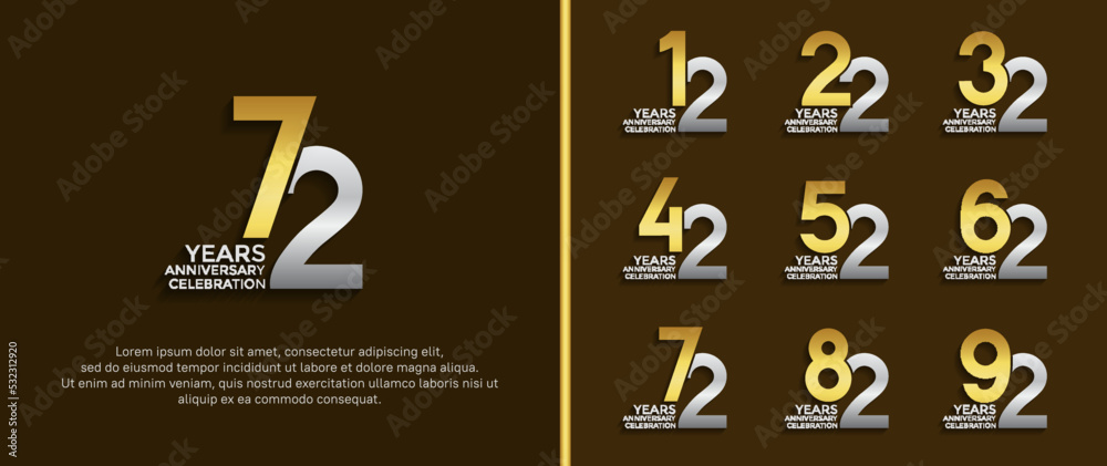 set of anniversary logo gold and silver color on brown background for celebration moment set of anniversary logo gold and silver color on brown background for celebration moment