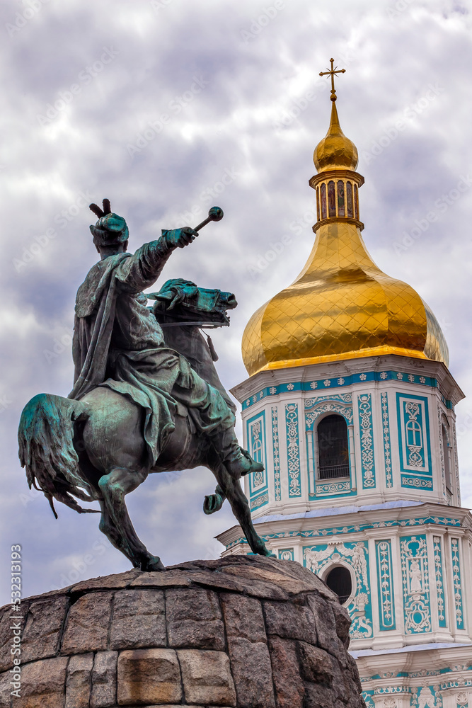 Bohdan Khmelnytsky equestrian statue, Saint Sophia, Sofiyskaya Square, Kiev, Ukraine. Founder of Ukraine Cossack State in 1654. Statue created 1881 by Sculptor Mikhail Mykeshin