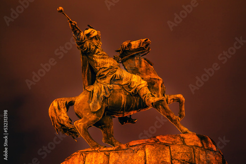 Bohdan Khmelnytsky equestrian statue, Sofiyskaya Square, Kiev, Ukraine. Founder of Ukraine Cossack State in 1654. Statue created 1881 by Sculptor Mikhail Mykeshin