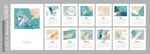2023 Monthly Wall calendar. Abstract design. 2023. Set of 12 months. Week starts on Sunday. Concept, vector editable calender page template. Vertical. Abstract artistic illustration. Pastel.